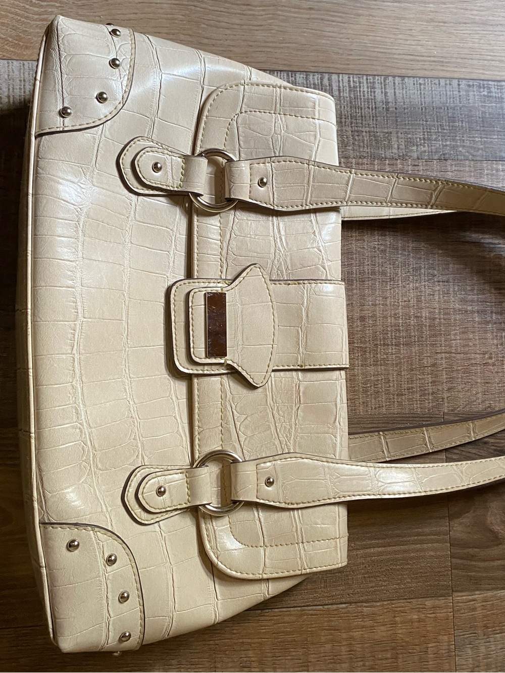 liz & co. Cream Croc-Embossed Shoulder Bag with Gold Hardware